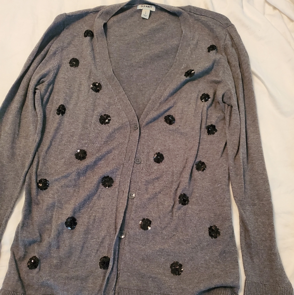 Grey Cardigan with Black Sequined Polka Dots